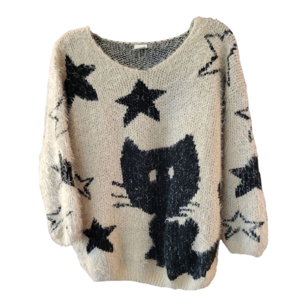 Rare Find - Retro Girl Cozy Black and Cream Cat and Stars Sweater - Size M
